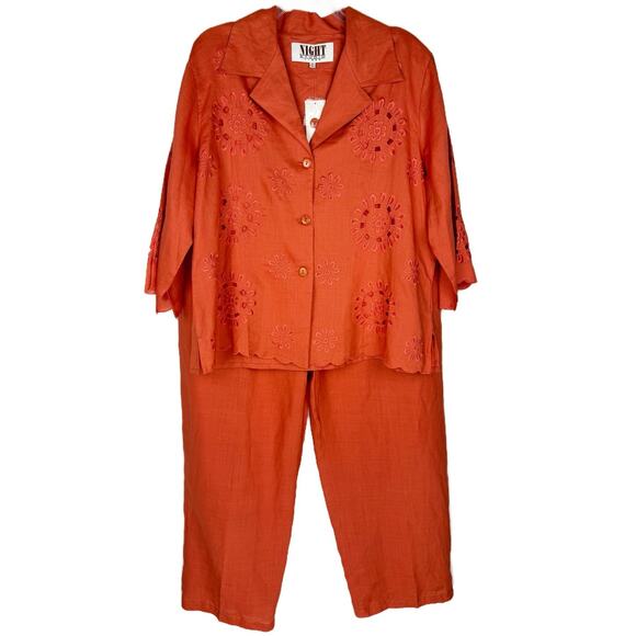 VTG Night Studio Orange Linen Floral Embroidered Scalloped Pants Set Women 22 - Picture 1 of 16